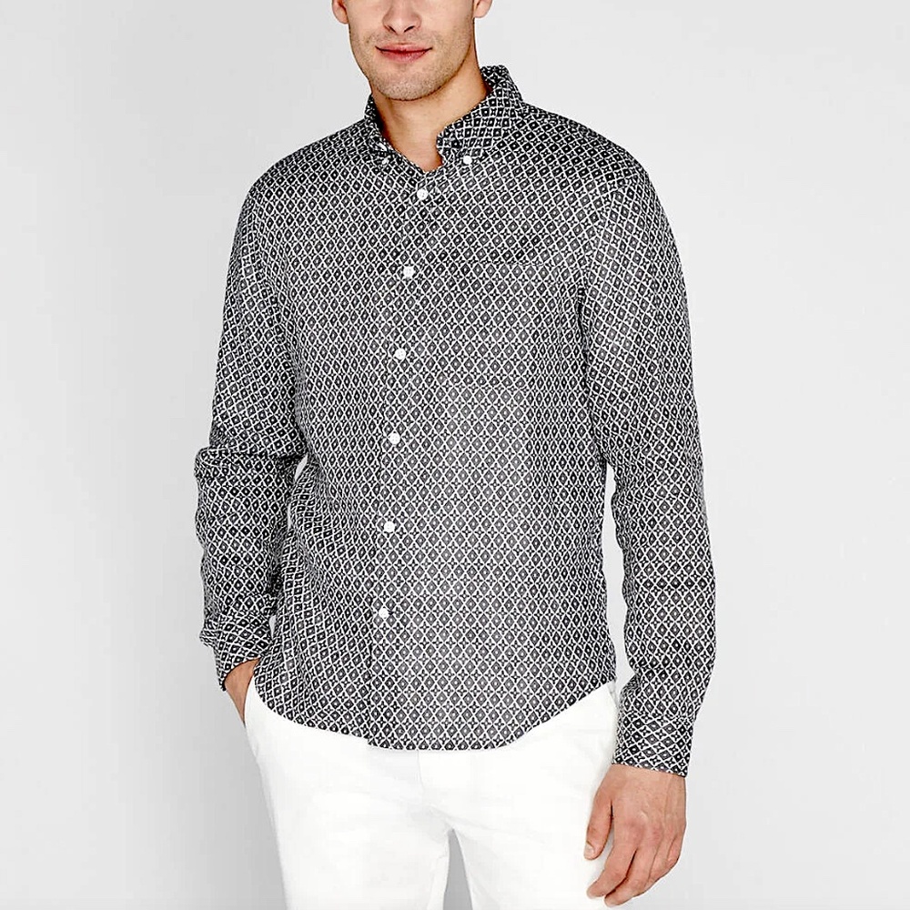 LS Tile Print Linen Button Down Shirt - New With Tags - NEVER WORN - MedGrey Mix